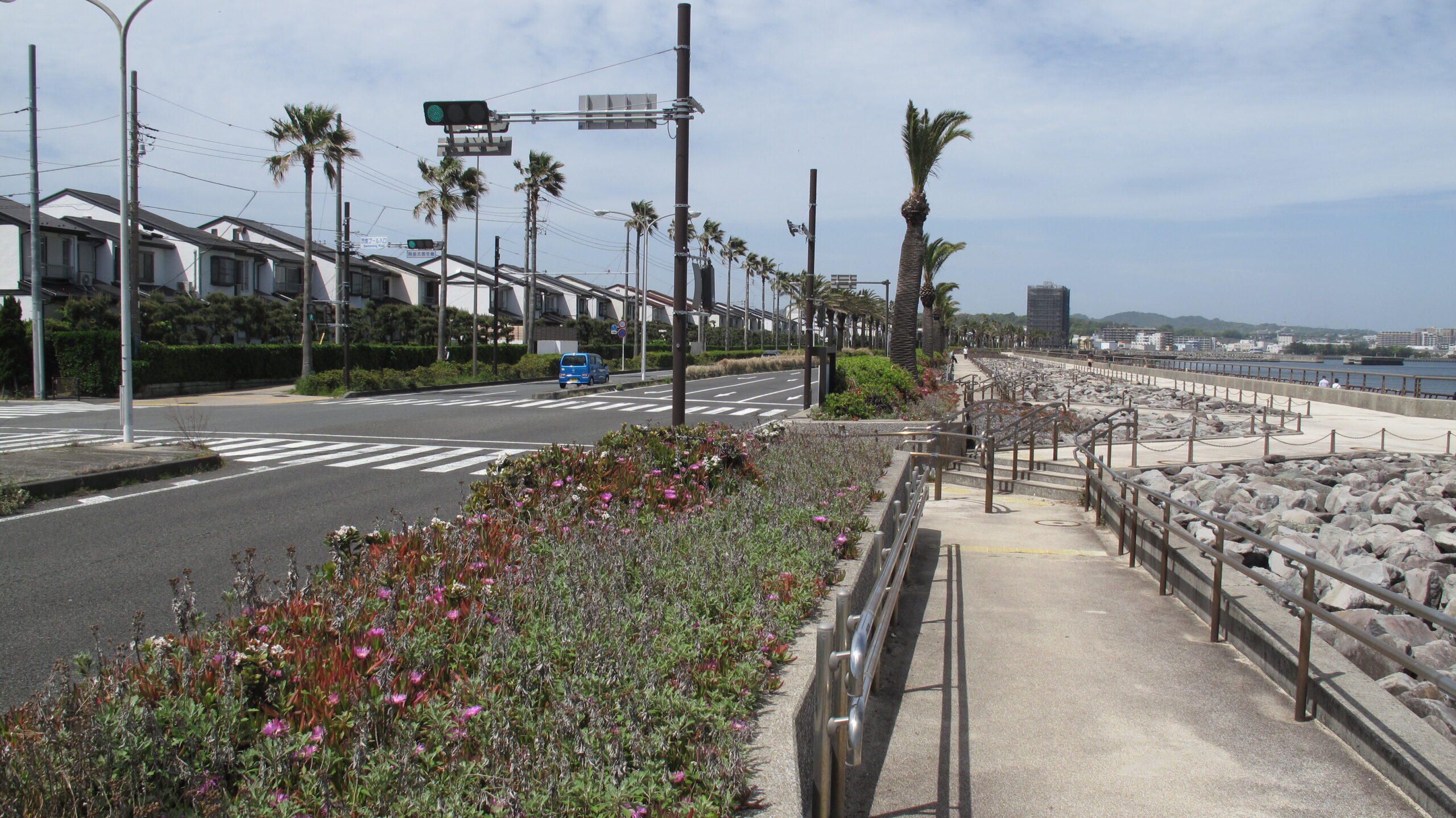 馬堀海岸の埋め立て地に広がる住宅地と海辺の景色