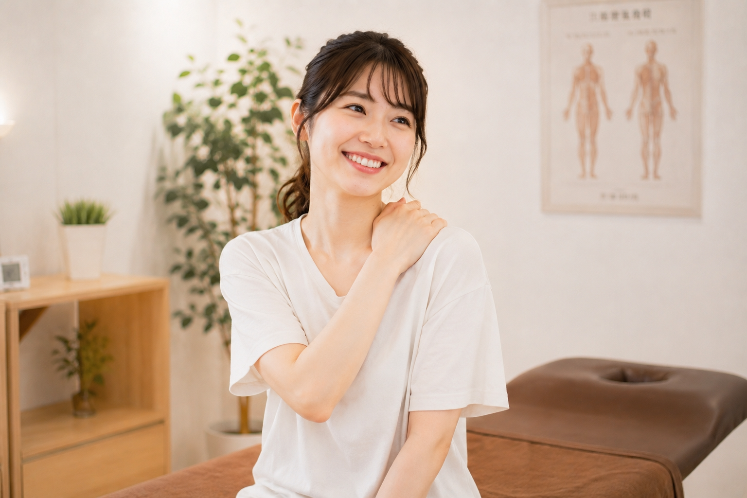 肩こりが軽くなり笑顔になった女性のイメージ