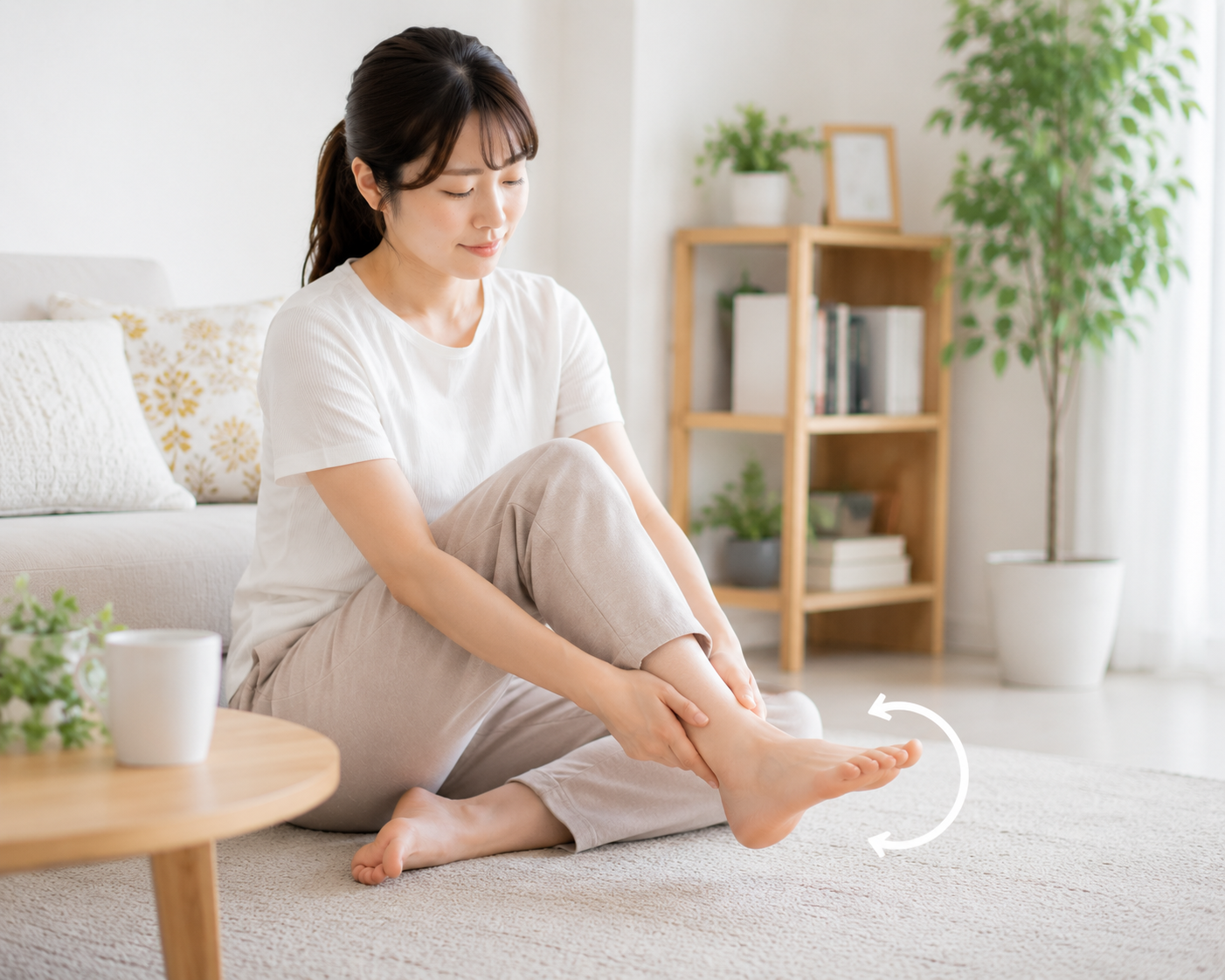室内で足首をやさしく動かしている女性
