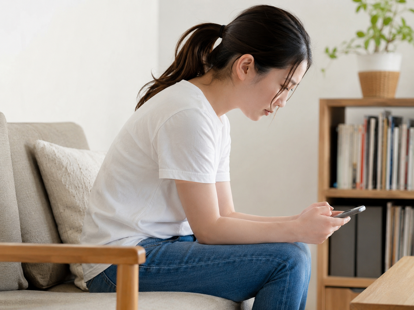 雨の日にスマホ姿勢で首や肩に負担がかかりやすい女性