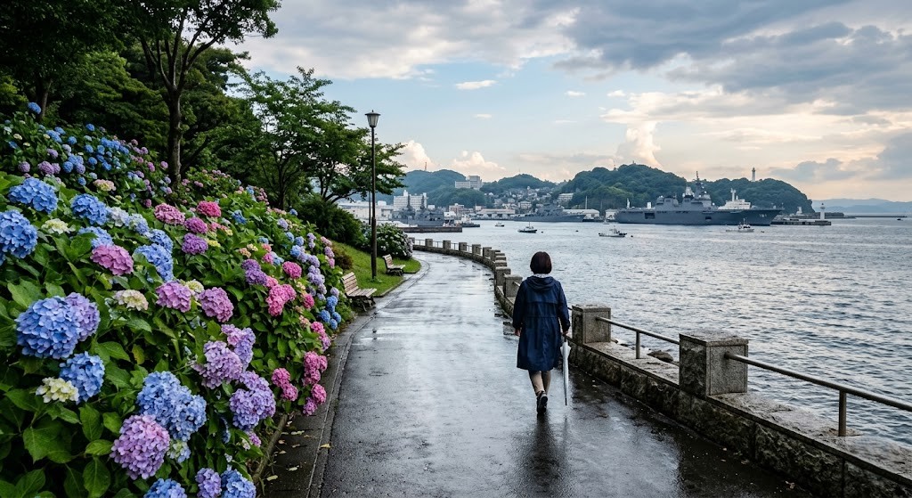 横須賀の梅雨に雨上がりの道をゆっくり歩く風景
