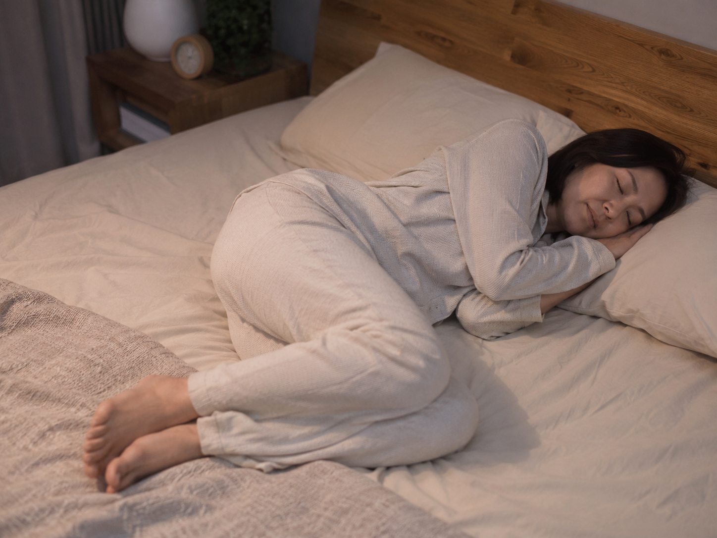 寝苦しい夜に横向きで丸くなって寝ている女性
