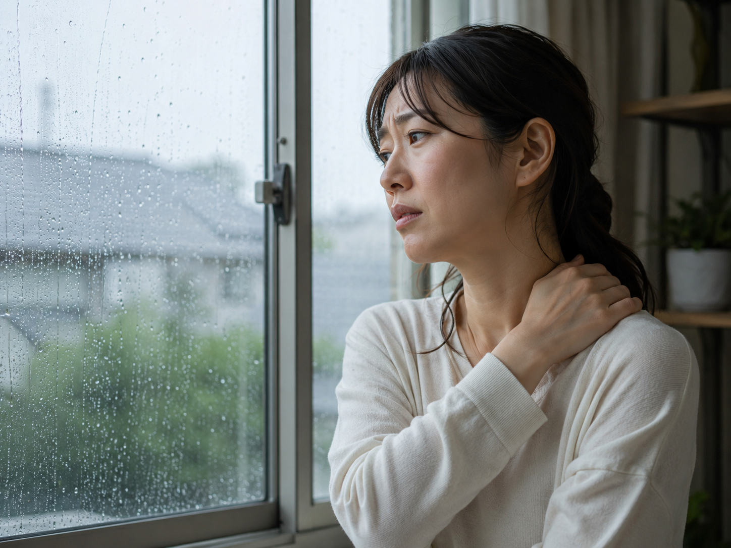 梅雨の時期に肩こりや体のだるさを感じている女性