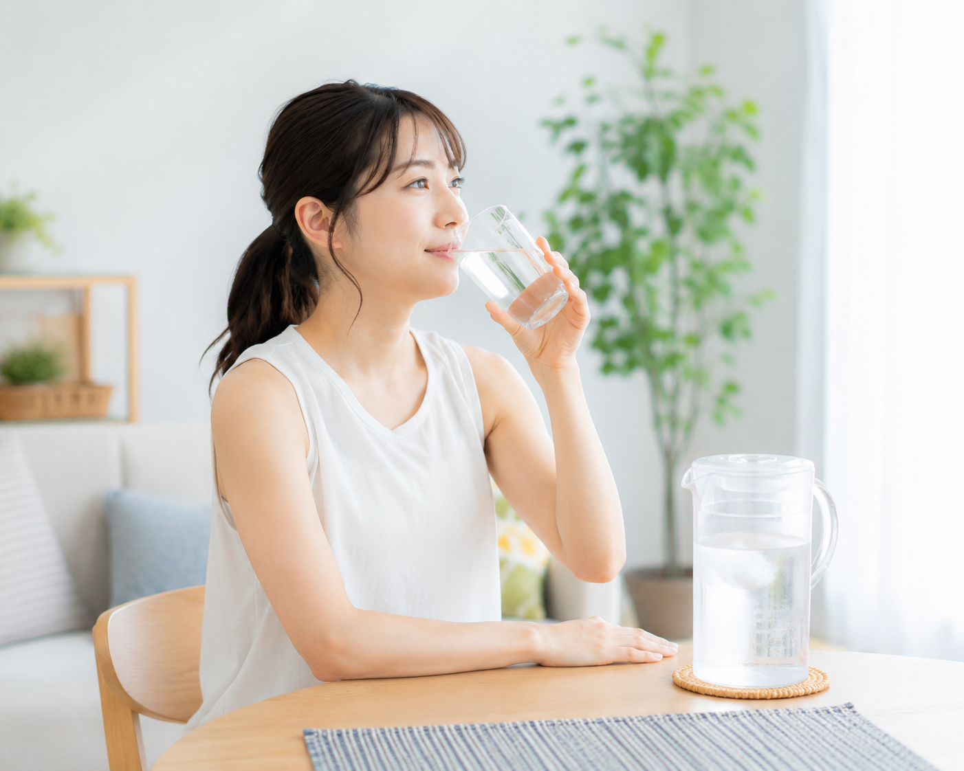 夏の体調管理として室内で水分補給をしている女性