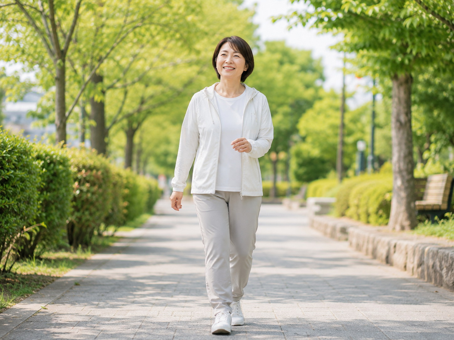 膝をいたわりながら明るい表情で屋外を歩く女性