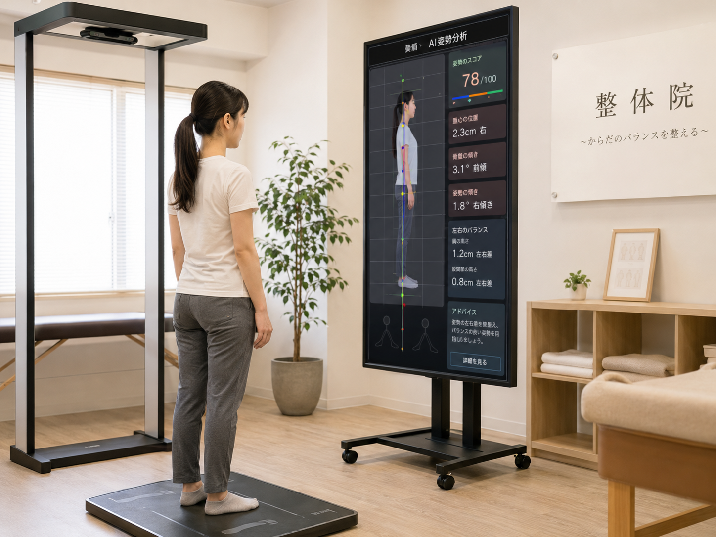 整体院でAI姿勢分析を受けている女性