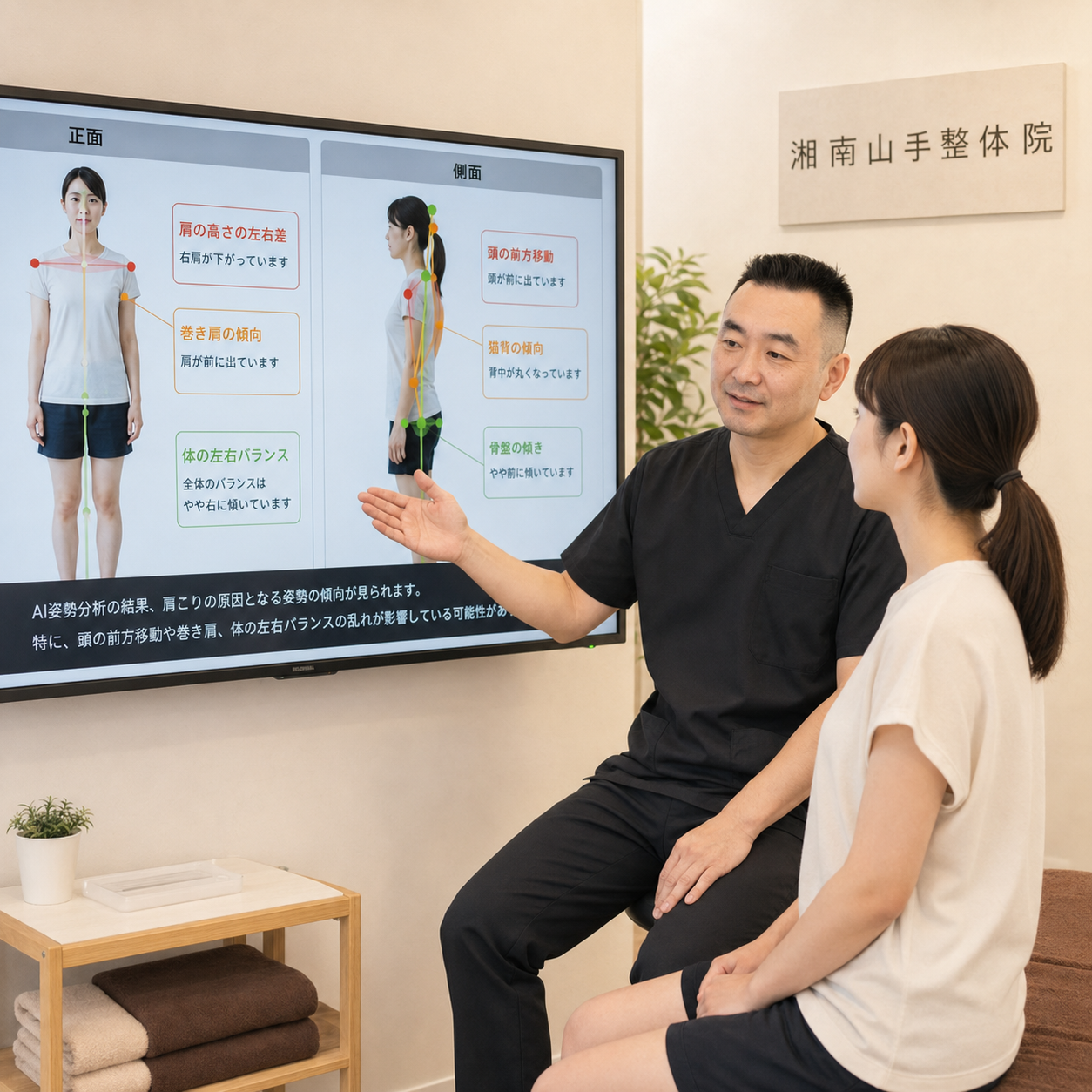 AI姿勢分析で肩こりの原因を見える化しているイメージ