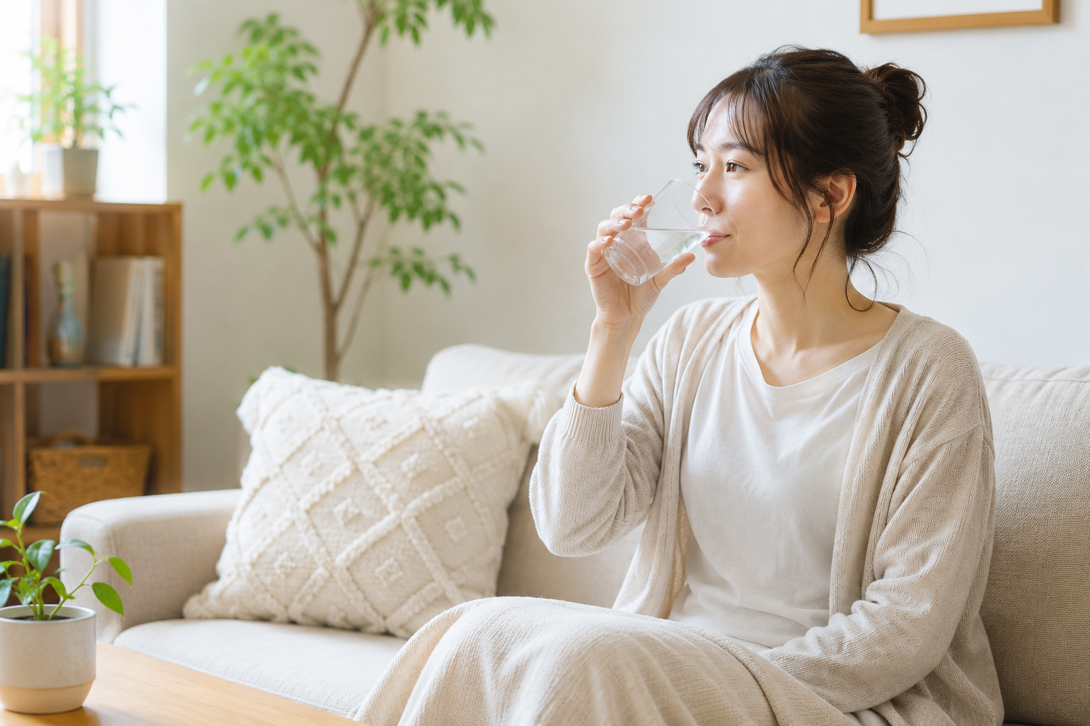 夏前の熱中症対策として室内で水分補給をする女性