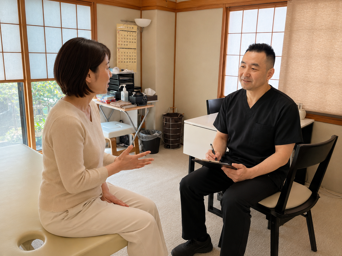 整体が初めての女性が施術者からやさしく説明を受けているイメージ