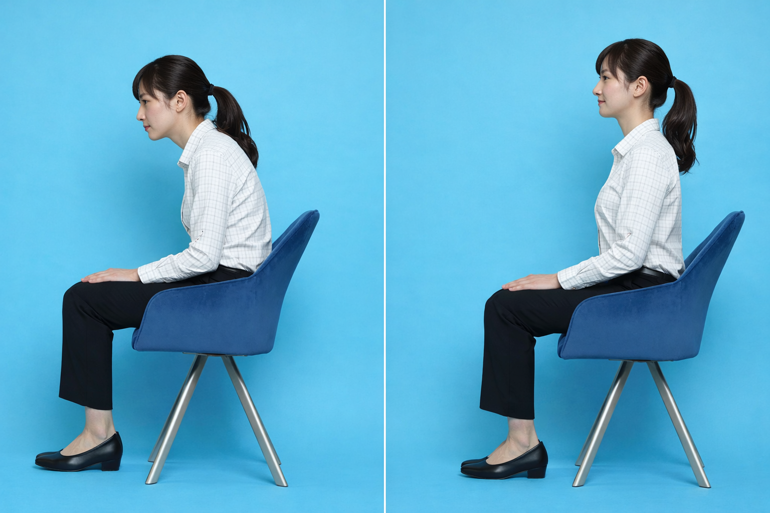 良い姿勢と猫背の姿勢
肩が前に入り、胸まわりが縮こまっている女性
