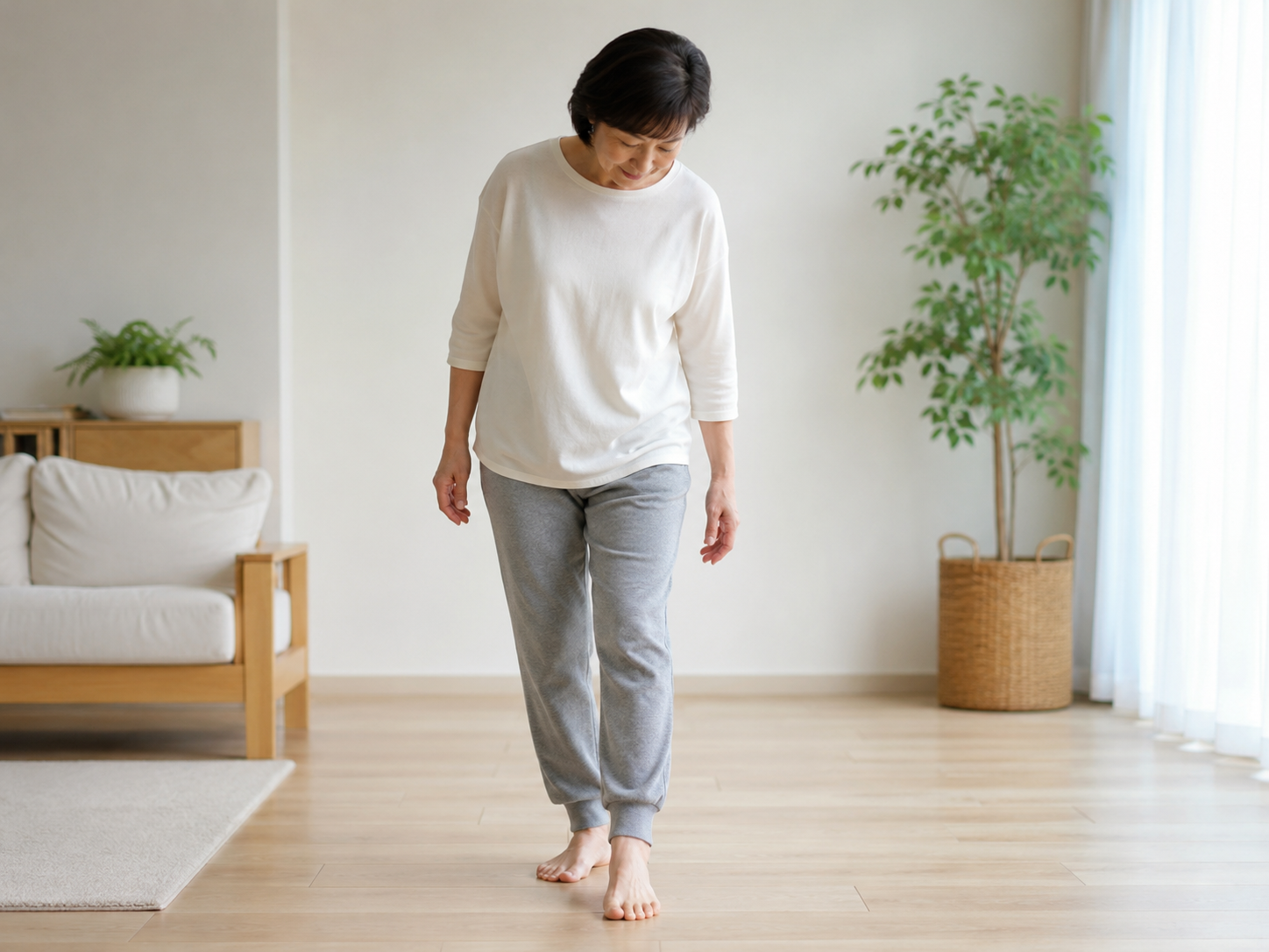 歩くときの足元やつま先の向きを確認している女性