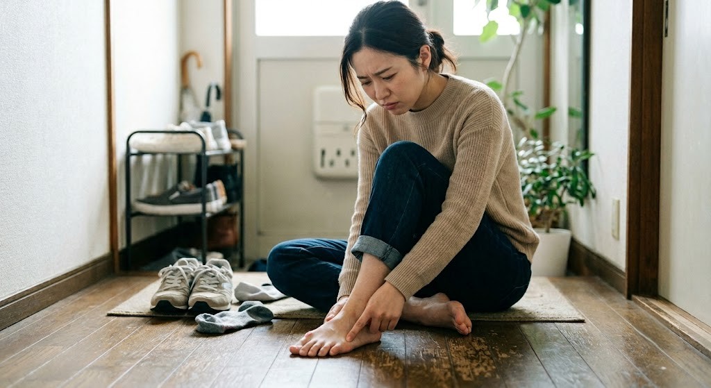 外反母趾による親指の付け根の痛みに悩む女性のイメージ写真