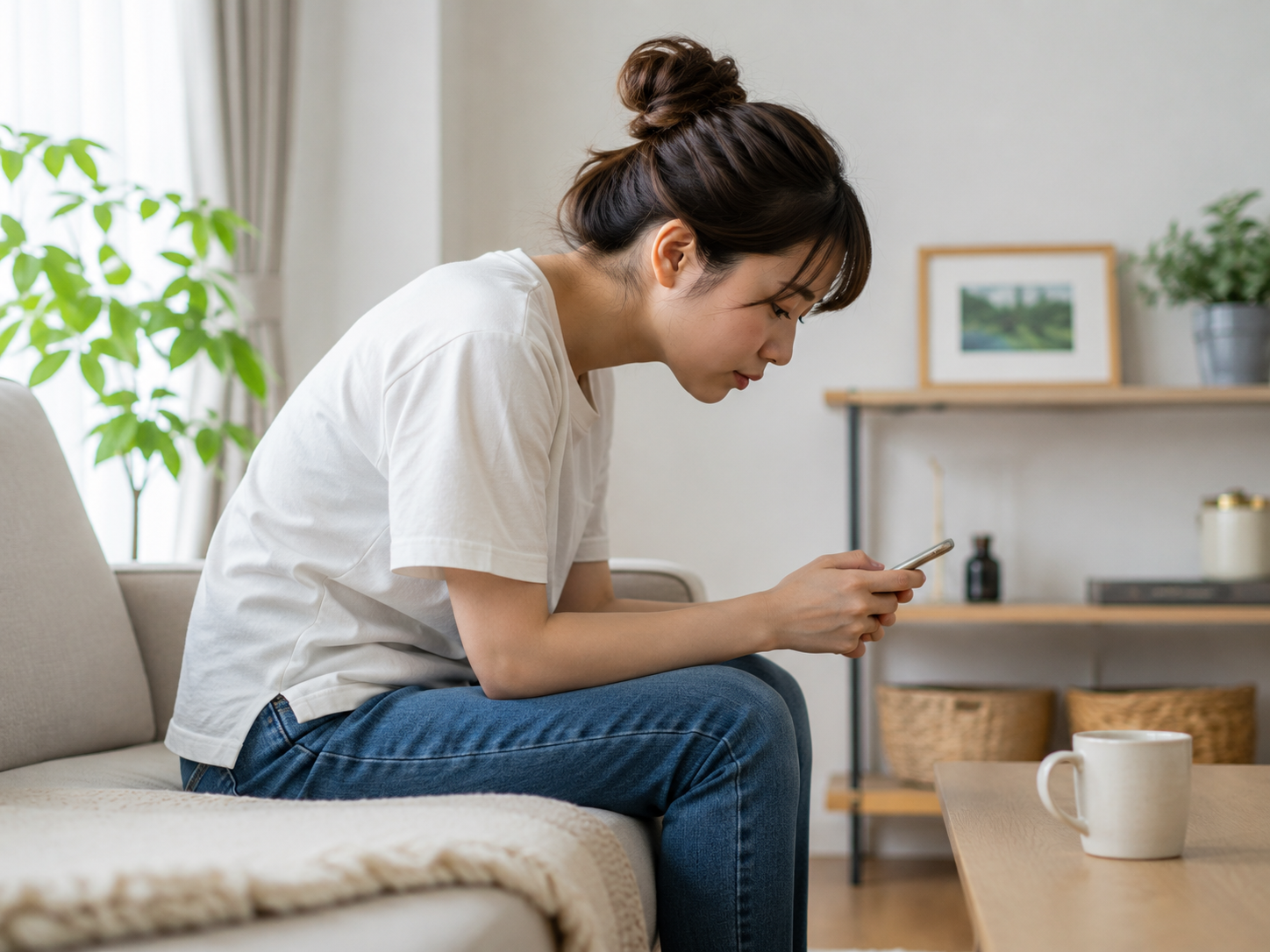 ソファで猫背になりスマホを見る女性