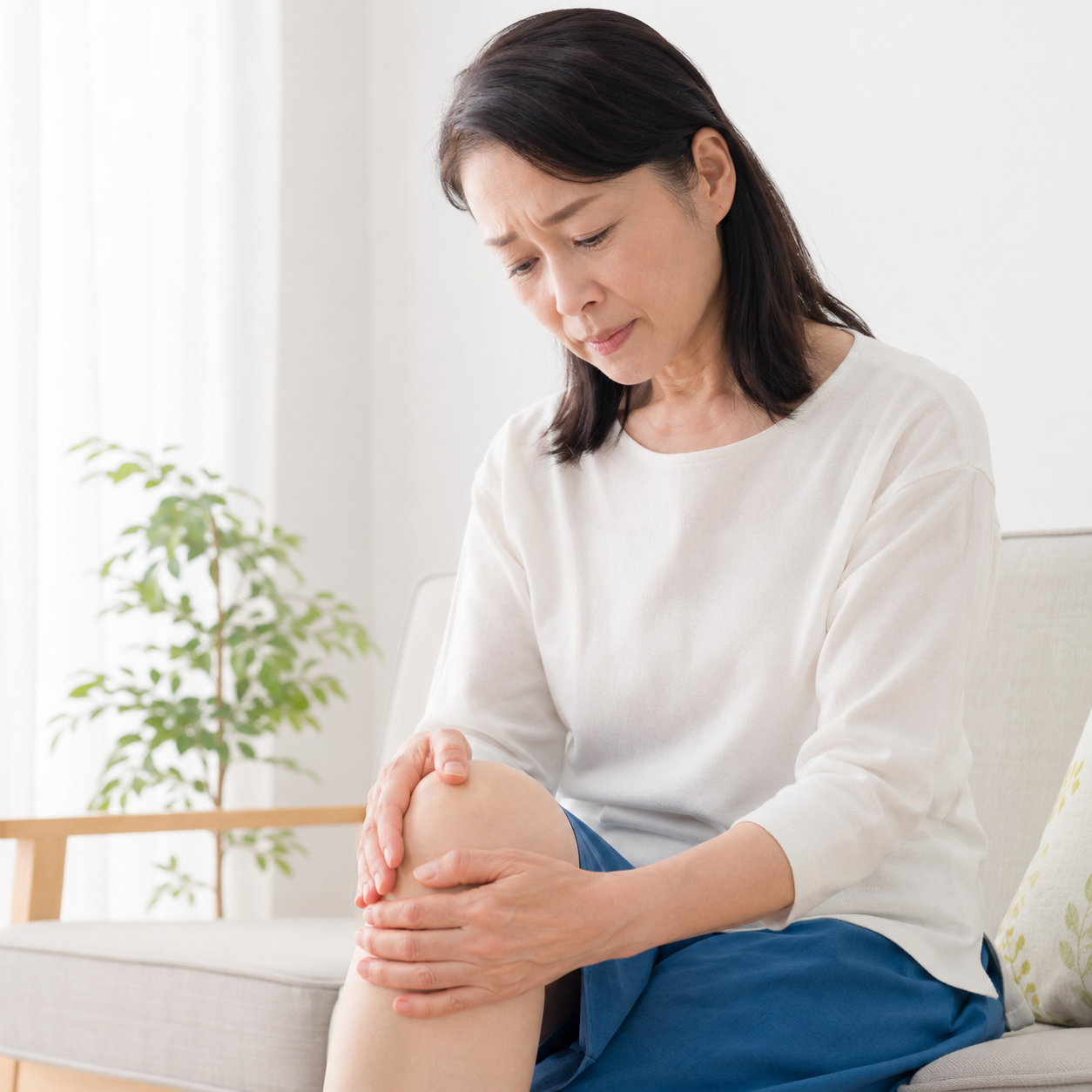 関節の痛みが気になり膝に手を添えている日本人女性