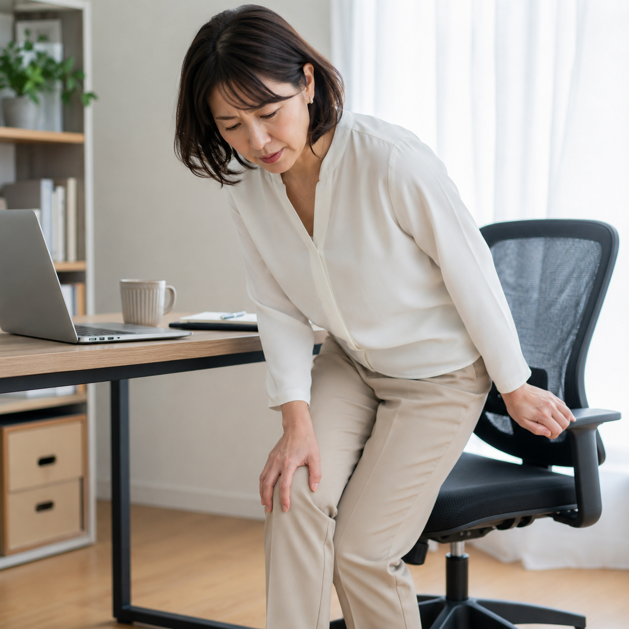 デスクワーク後に椅子から立ち上がり膝を気にしている女性
