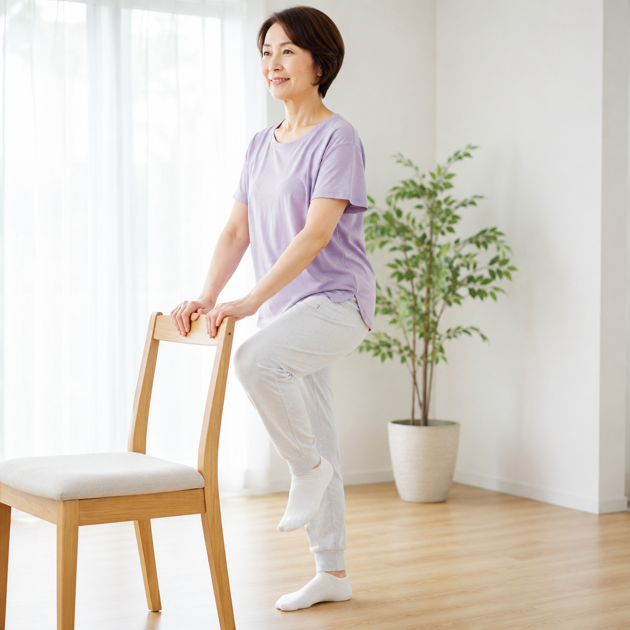 椅子につかまりながら無理のない運動をしている女性