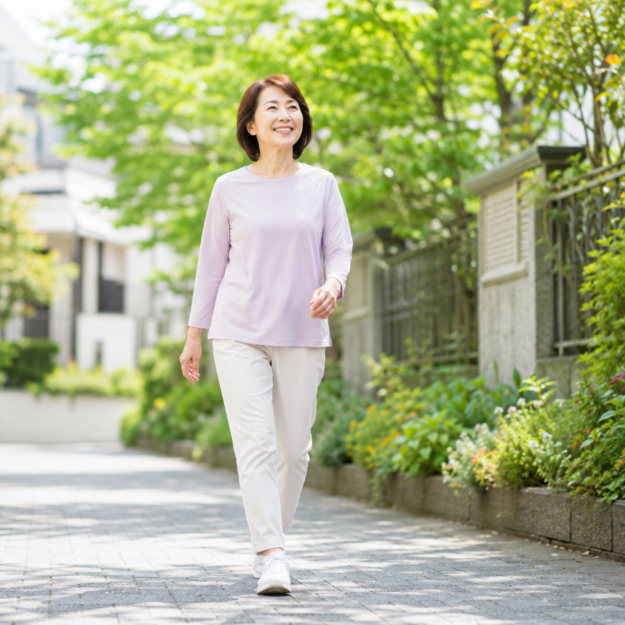 関節をいたわりながら明るい表情で歩いている女性