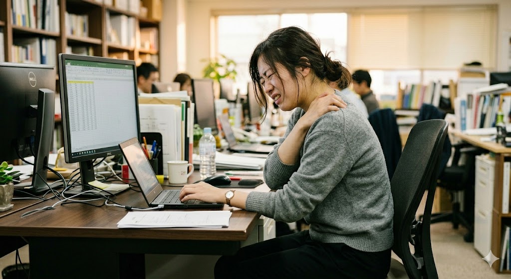 夕方になると肩が重くなるデスクワーク女性のイメージ