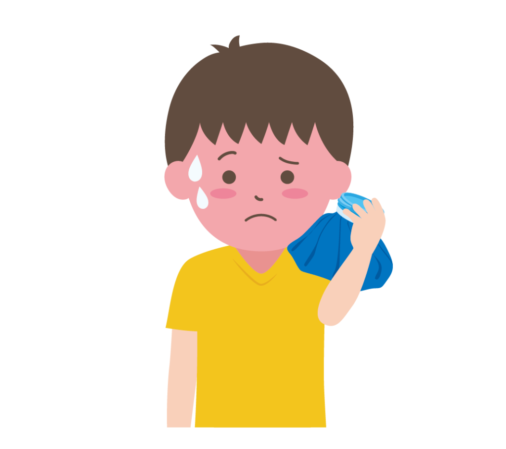 肩にアイシングをしている小学生男子のイラストです。