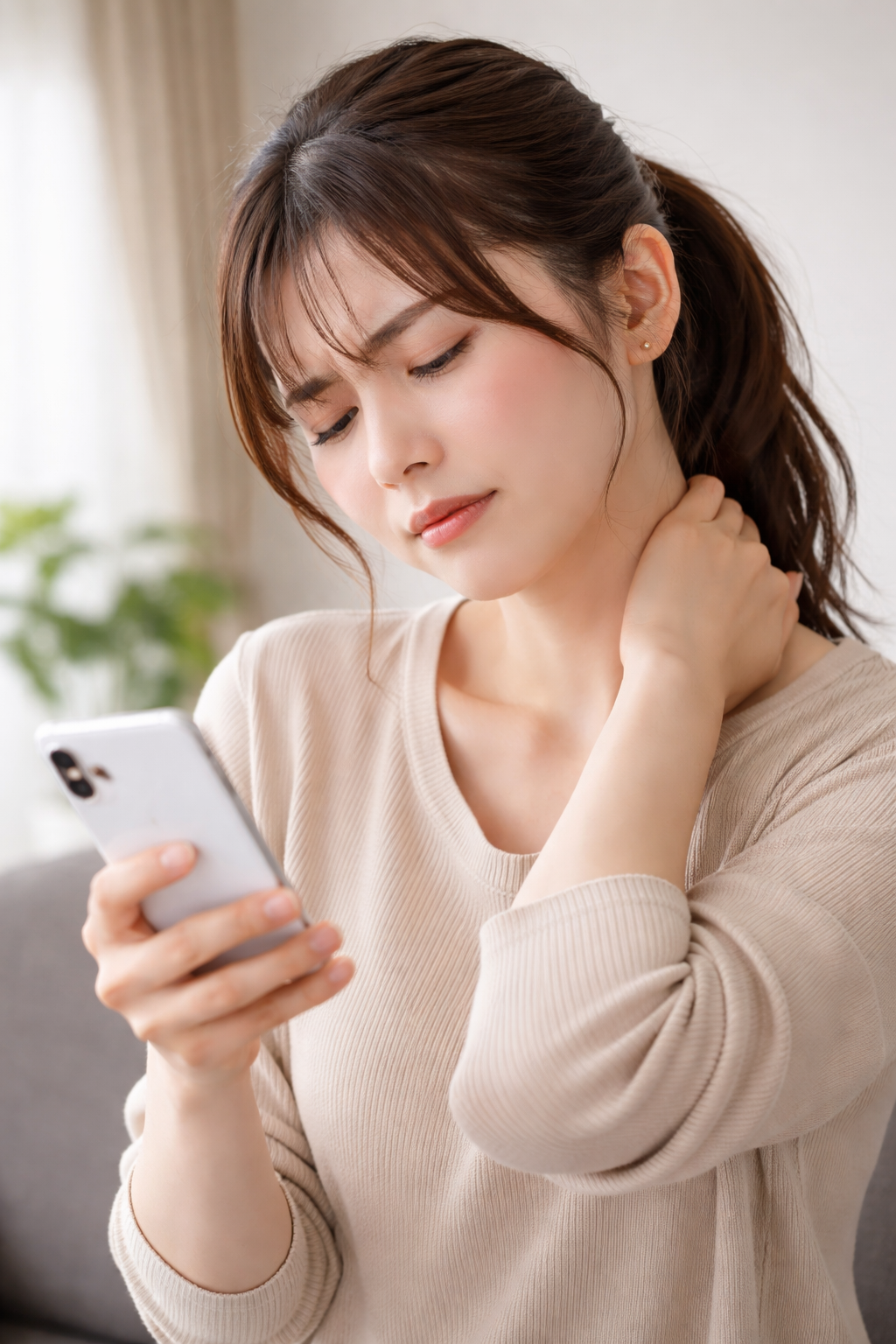 スマホを下向きで見ている、スマホ首と猫背の姿勢に悩む女性