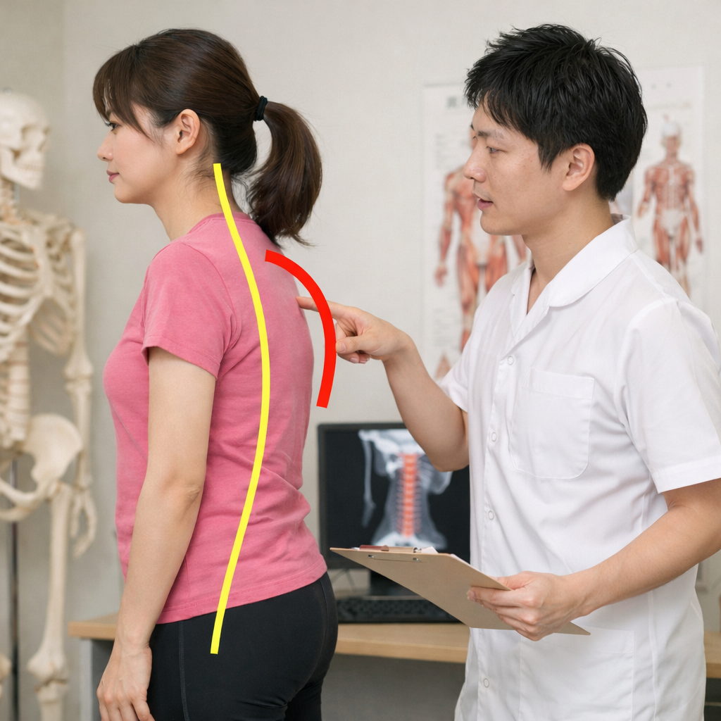 肩こりの原因となる姿勢バランスを確認している様子