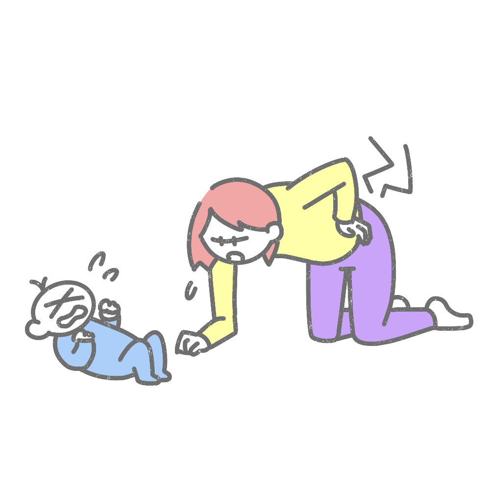 産後の女性が腰痛で困っているイラストです。近くで赤ちゃんが泣いています。