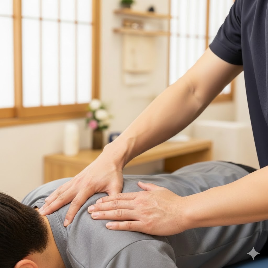 湘南山手整体院で肩こり改善の施術を行っている様子