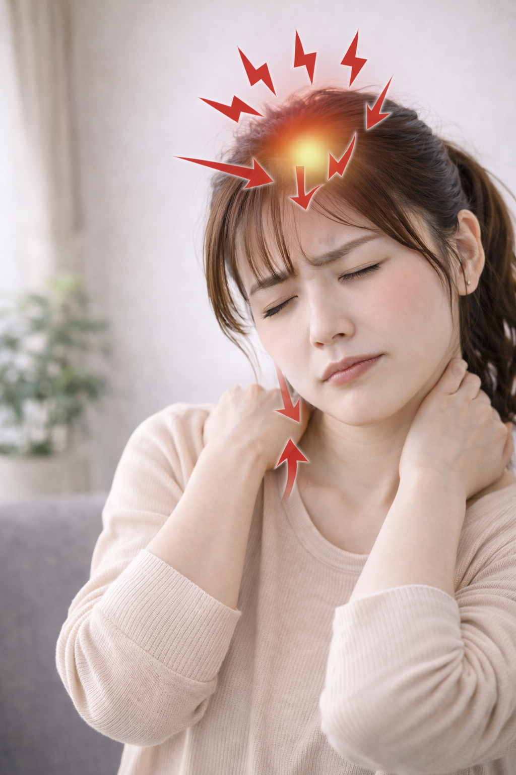 首や肩の緊張によって頭部に負担がかかるイメージ