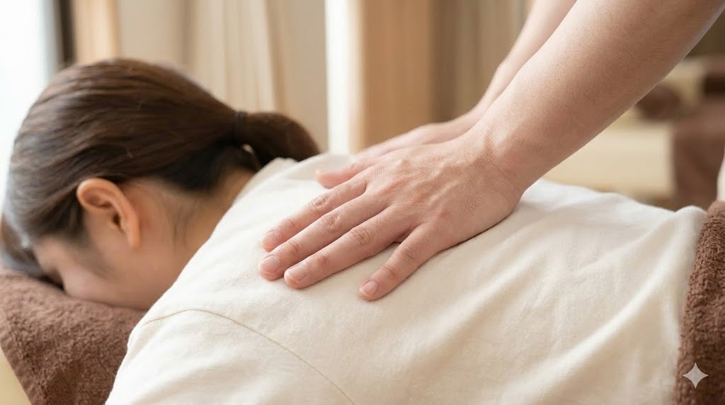 背中や肩甲骨周りをやさしく整える整体施術の様子