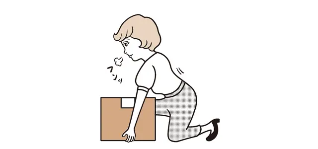 荷物を持ち上げようとしている女性のイラストです。